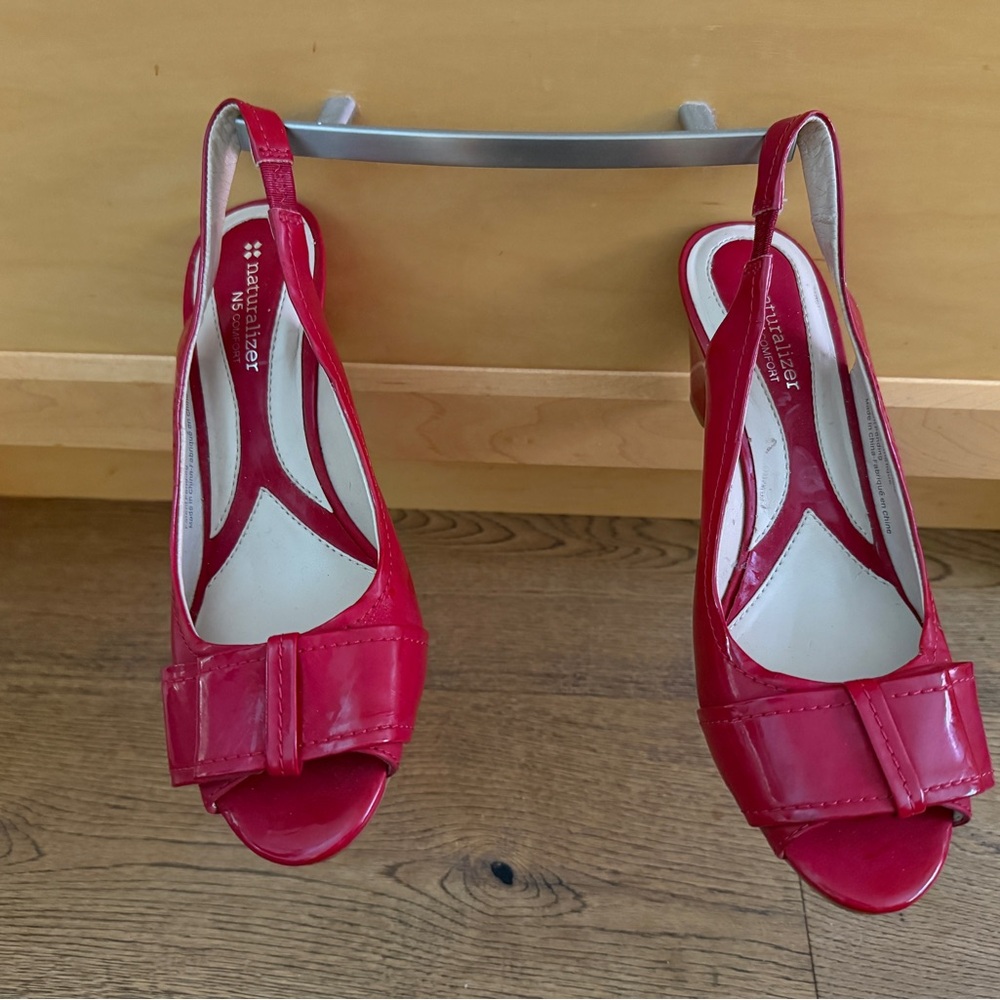Naturalizer Red Patent Slingback Heels with Front Bow 3” High